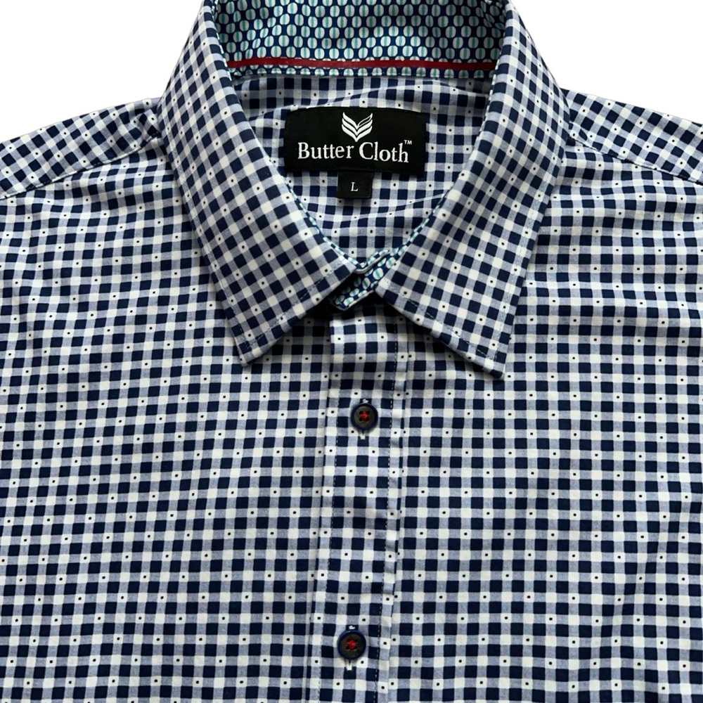 Buttercloth Shirt Mens Size L Long Sleeve Button Stretch Geometric Check Blue